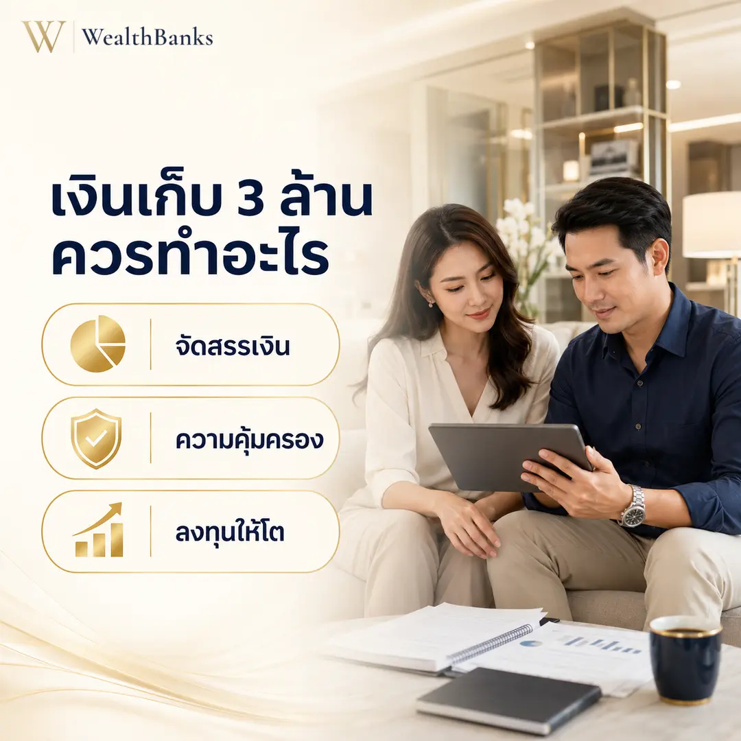 ชายและหญิงวัยทำงานสองคนนั่งโซฟา มองหน้าจอแท็บเล็ตด้วยกัน ในห้องนั่งเล่นบ้านโทนสีสว่าง แสงนุ่มนวล อบอุ่น, กราฟิกแบรนด์ WealthBanks พร้อมหัวข้อและป้ายคีย์เวิร์ดออมเงิน