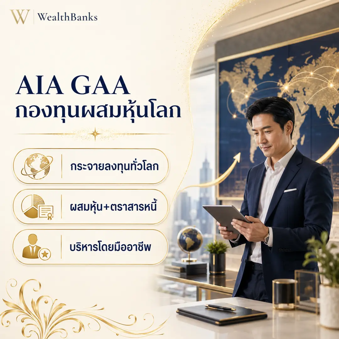 ชายไทยวัยทำงานสวมสูทมองหน้าจอแท็บเล็ต ในออฟฟิศหรูโทนสีสว่าง มีแผนที่โลกเบื้องหลัง แสงนุ่มนวล มั่นใจในเป้าหมาย, กราฟิกแบรนด์ WealthBanks พร้อมหัวข้อและป้ายคีย์เวิร์ดลงทุน