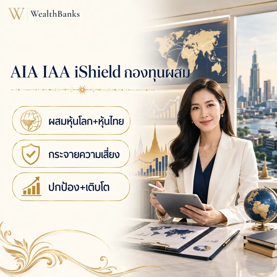 หญิงไทยวัยทำงานนั่งโต๊ะทำงาน ถือแท็บเล็ต มองมาที่กล้อง ในออฟฟิศมีวิวเส้นขอบฟ้าเมือง โทนสีสว่าง แสงนุ่มนวล มั่นใจ, กราฟิกแบรนด์ WealthBanks พร้อมหัวข้อและป้ายคีย์เวิร์ดลงทุน