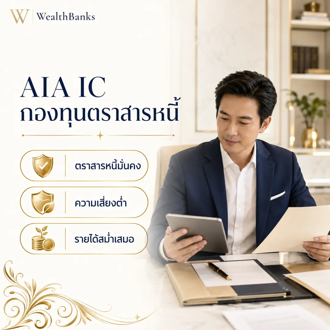 ชายไทยวัยทำงานสวมสูทมองแท็บเล็ตและเอกสารบนโต๊ะ ในออฟฟิศมืออาชีพโทนสีสว่าง แสงนุ่มนวล นั่งวางแผนอย่างมั่นใจ, กราฟิกแบรนด์ WealthBanks พร้อมหัวข้อและป้ายคีย์เวิร์ดกองทุนรายได้