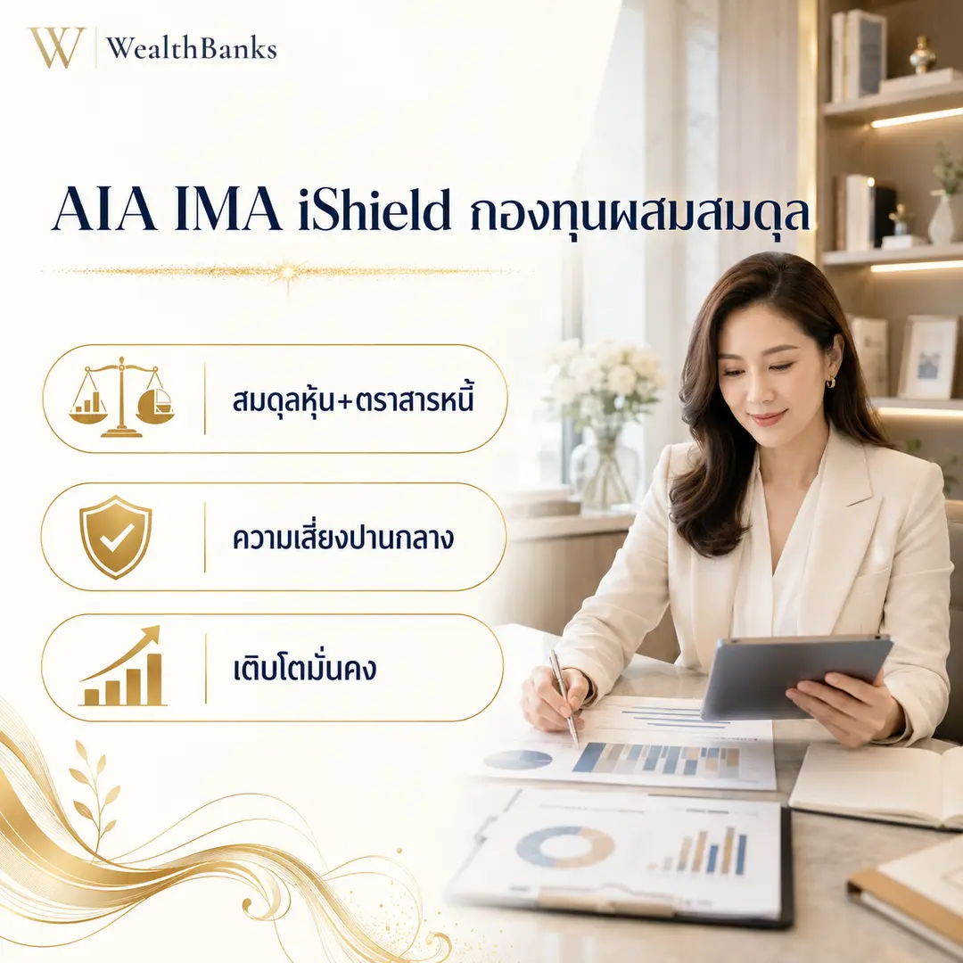 หญิงไทยวัยทำงานนั่งโต๊ะทำงานในออฟฟิศโทนสีสว่าง เขียนหรือทำงานบนแท็บเล็ตหรือสมุด มือหนึ่งถือปากกา แสงนุ่มนวล มั่นใจ, กราฟิกแบรนด์ WealthBanks พร้อมหัวข้อและป้ายคีย์เวิร์ดลงทุน