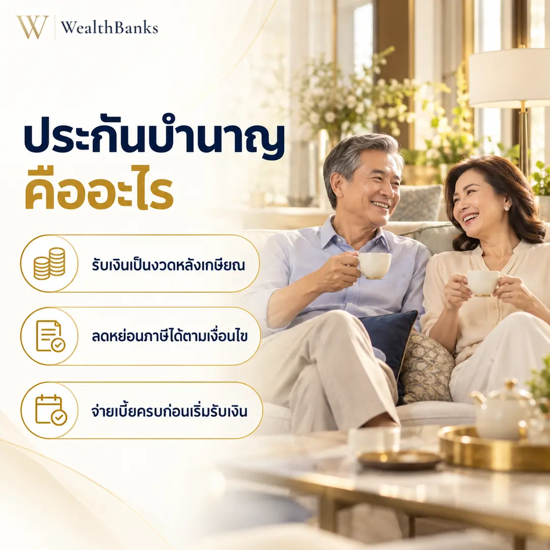 คู่สามีภรรยาชาวไทยวัยเกษียณนั่งจิบชาบนโซฟาในห้องนั่งเล่นโทนสีสว่าง ยิ้มอย่างผ่อนคลาย, กราฟิกแบรนด์ WealthBanks พร้อมหัวข้อประกันบำนาญ คืออะไร และป้ายคีย์เวิร์ด