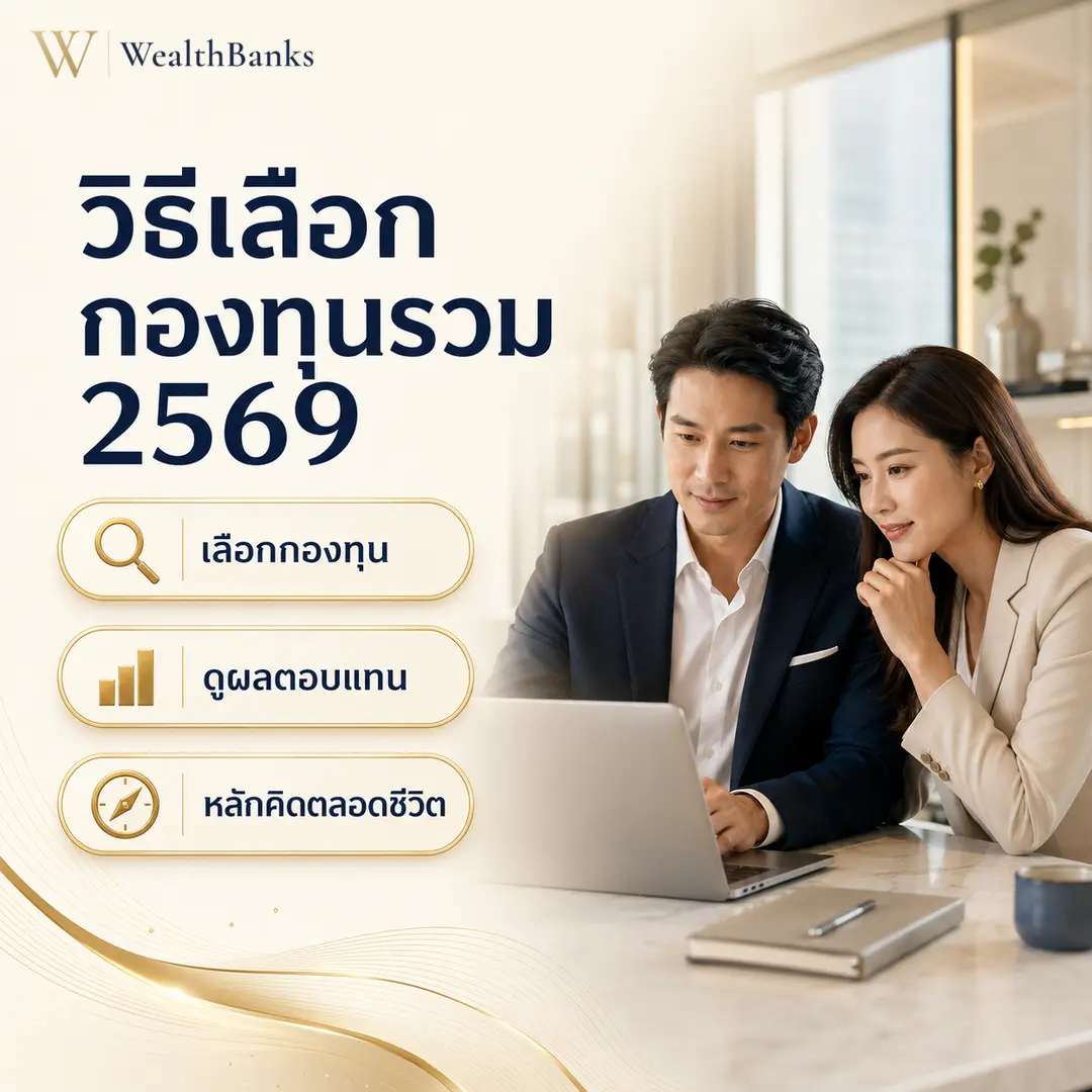 ชายและหญิงวัยทำงานสองคนก้มดูหน้าจอแล็ปท็อปบนโต๊ะทำงาน พร้อมสมุดและเอกสาร ในออฟฟิศโทนสีสว่าง แสงนุ่มนวล นั่งวางแผนอย่างมั่นใจ, กราฟิกแบรนด์ WealthBanks พร้อมหัวข้อและป้ายคีย์เวิร์ดกองทุนรวม
