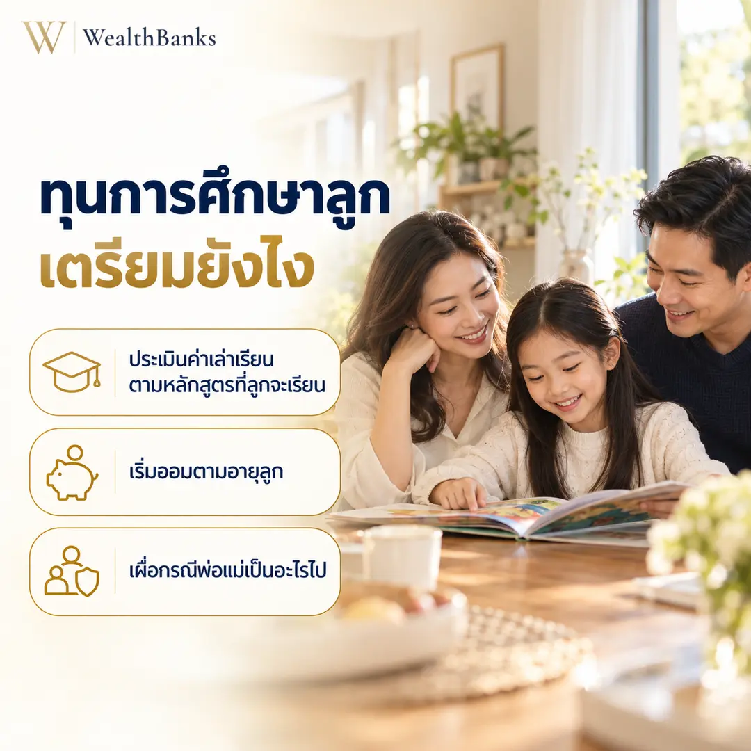 พ่อแม่นั่งอ่านหนังสือกับลูกสาวที่โต๊ะในบ้าน แสงเช้าอบอุ่น พร้อมหัวข้อ ทุนการศึกษาลูก เตรียมยังไง และหัวข้อย่อย ประเมินค่าเล่าเรียนตามหลักสูตรที่ลูกจะเรียน เริ่มออมตามอายุลูก เผื่อกรณีพ่อแม่เป็นอะไรไป