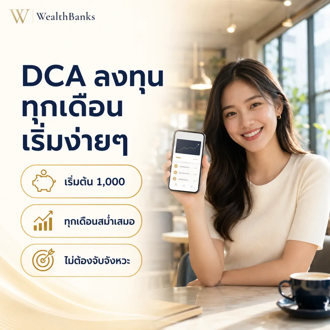 หญิงไทยวัยทำงานยิ้มมาที่กล้อง ถือสมาร์ทโฟนที่แสดงกราฟการเงิน ในคาเฟ่โทนสีสว่าง แสงนุ่มนวล มั่นใจในเป้าหมาย, กราฟิกแบรนด์ WealthBanks พร้อมหัวข้อและป้ายคีย์เวิร์ดลงทุน