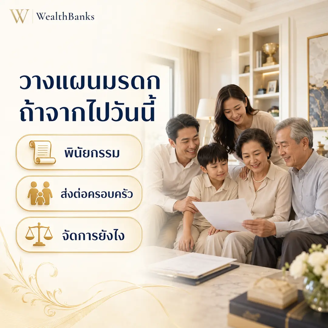 ครอบครัวห้าคน ปู่ย่าพ่อแม่และเด็กวัยเล็ก นั่งรวมกันในห้องนั่งเล่น มองเอกสารบนโต๊ะกาแฟ ในบ้านโทนสีงาช้าง แสงนุ่มนวล อบอุ่น, กราฟิกแบรนด์ WealthBanks พร้อมหัวข้อและป้ายคีย์เวิร์ดส่งต่อมรดก