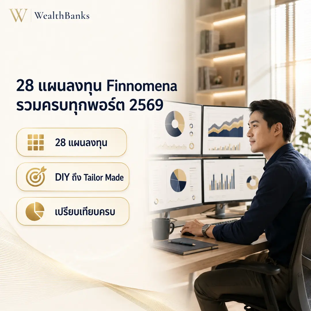 ชายไทยวัยทำงานนั่งโต๊ะทำงาน มองจอคอมพิวเตอร์หลายจอที่แสดงกราฟ ในออฟฟิศโทนสีสว่าง แสงนุ่มนวล มุ่งมั่น, กราฟิกแบรนด์ WealthBanks พร้อมหัวข้อและป้ายคีย์เวิร์ดลงทุน