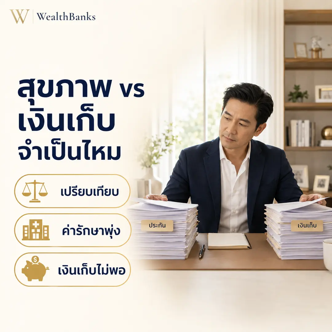ชายไทยวัยทำงานนั่งโต๊ะทำงาน ก้มมองสแตกเกอร์กระดาษสองส แฟ้มใหญ่ ในออฟฟิศหรือบ้านโทนสีสว่าง สว่างสะอาด จดจ่อ, กราฟิกแบรนด์ WealthBanks พร้อมหัวข้อและป้ายคีย์เวิร์ดสุขภาพ