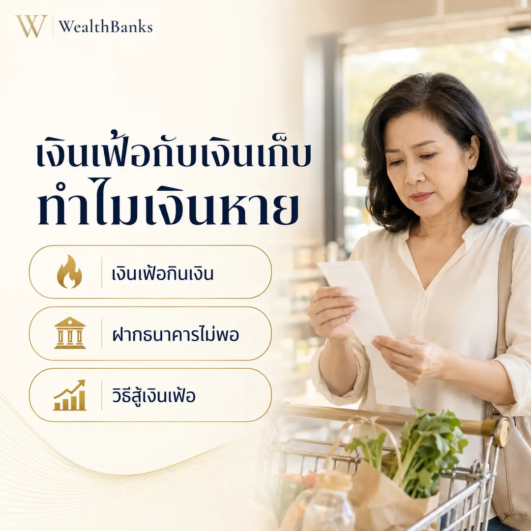 หญิงไทยวัยกลางคนยืนในเคาน์เตอร์ซูเปอร์มาร์เก็ต มองใบเสร็จในมือ ในร้านขายของชำมีชั้นวางและผักผลไม้ โทนสีสว่าง, กราฟิกแบรนด์ WealthBanks พร้อมหัวข้อและป้ายคีย์เวิร์ดออมเงิน