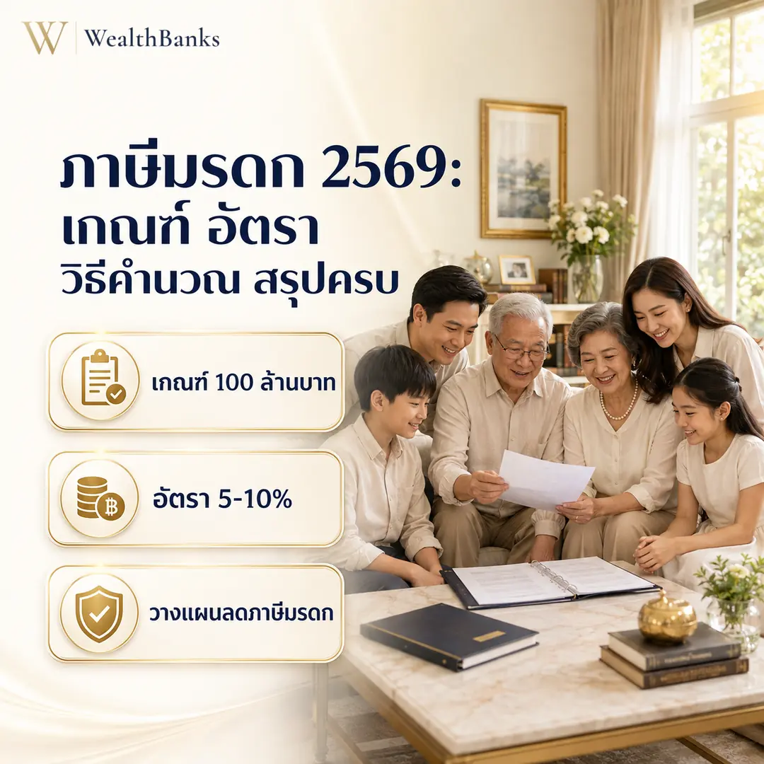 ครอบครัวสามรุ่น ปู่ย่า พ่อแม่ ลูกหลาน นั่งรวมกันในห้องนั่งเล่นโทนสีงาช้าง แสงนุ่มนวล มีเอกสารและแฟ้มวางบนโต๊ะ กราฟิกแบรนด์ WealthBanks พร้อมหัวข้อและป้ายคีย์เวิร์ดภาษีมรดก