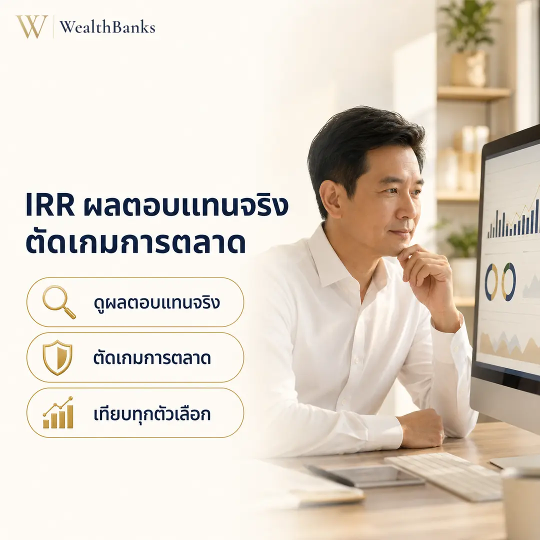 ชายไทยวัยทำงานนั่งโต๊ะทำงาน พักคางมือ มองจอคอมพิวเตอร์ที่แสดงกราฟการเงิน จดจ่อ ในออฟฟิศโทนสีสว่าง มีชั้นวางเบื้องหลัง, กราฟิกแบรนด์ WealthBanks พร้อมหัวข้อและป้ายคีย์เวิร์ดลงทุน