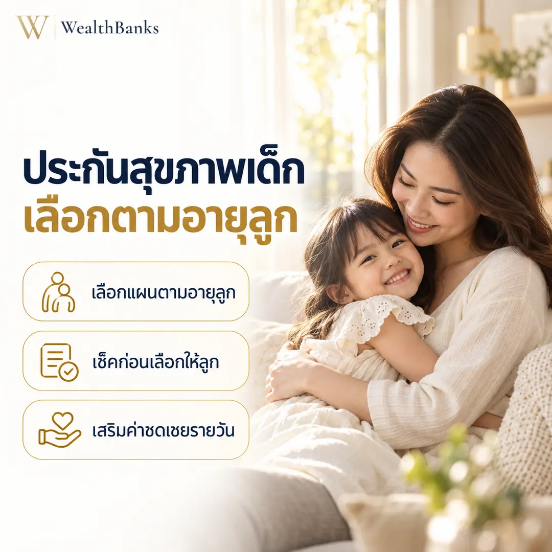 คุณแม่ชาวไทยกอดลูกเล็กที่ยิ้มอยู่บนโซฟาในห้องนั่งเล่นโทนสีสว่าง แสงนุ่มนวล อบอุ่น, กราฟิกแบรนด์ WealthBanks พร้อมหัวข้อประกันสุขภาพเด็ก เลือกตามอายุลูก และป้ายคีย์เวิร์ด