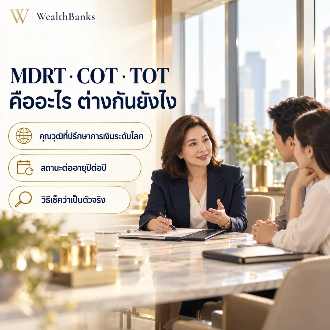 ที่ปรึกษาการเงินหญิงอธิบายเรื่อง MDRT COT TOT ให้ลูกค้าคู่หนึ่งฟังที่โต๊ะประชุมในสำนักงาน