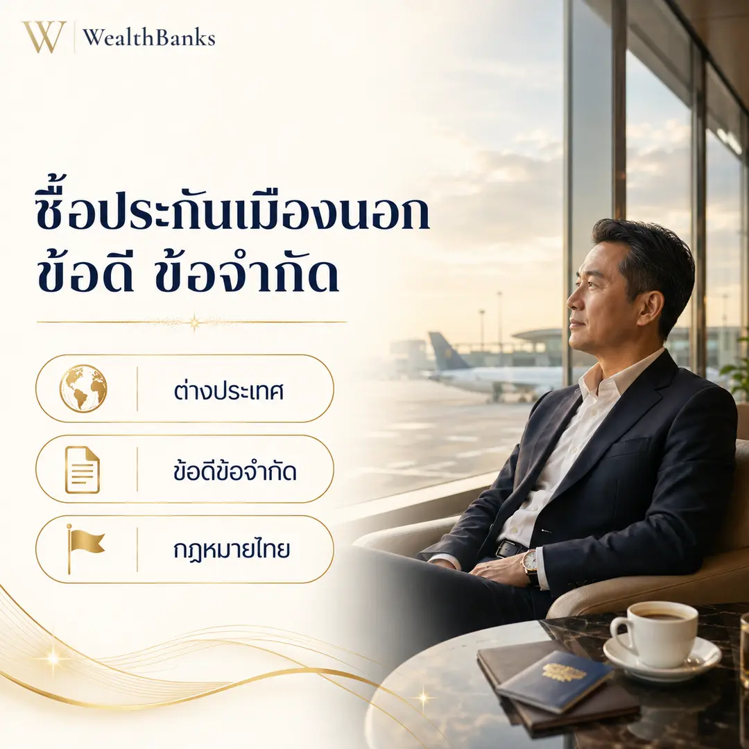 ชายไทยวัยทำงานสวมสูทนั่งเก้าอี้ มองออกหน้าต่างใหญ่เห็นรันเวย์สนามบิน ในเลานจ์สนามบินโทนสีสว่าง ผ่อนคลาย, กราฟิกแบรนด์ WealthBanks พร้อมหัวข้อและป้ายคีย์เวิร์ดประกันต่างประเทศ