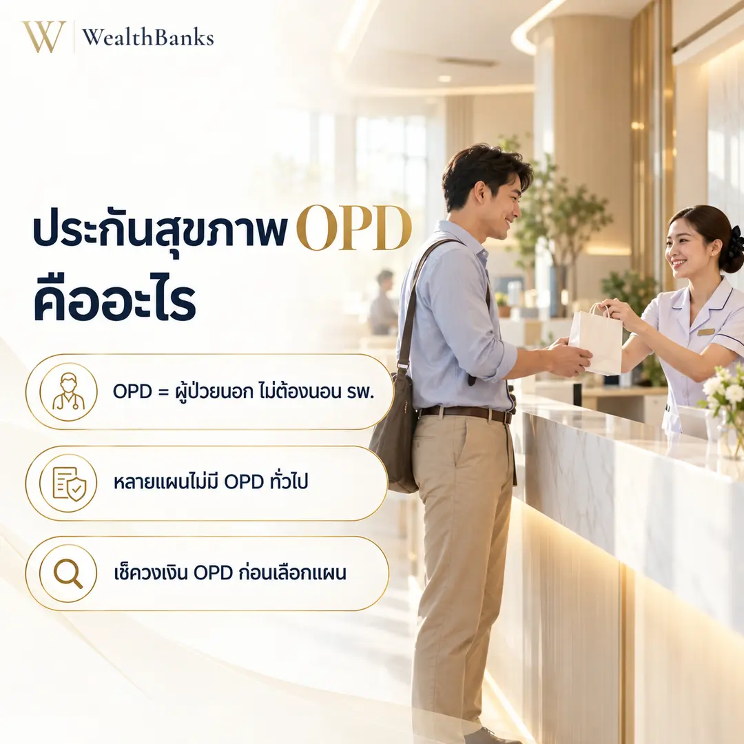 ชายไทยวัยทำงานรับถุงยาจากพยาบาลที่เคาน์เตอร์แผนกผู้ป่วยนอกของคลินิกโทนสีสว่าง ยิ้มพร้อมกลับบ้าน, กราฟิกแบรนด์ WealthBanks พร้อมหัวข้อประกันสุขภาพ OPD คืออะไร และป้ายคีย์เวิร์ด
