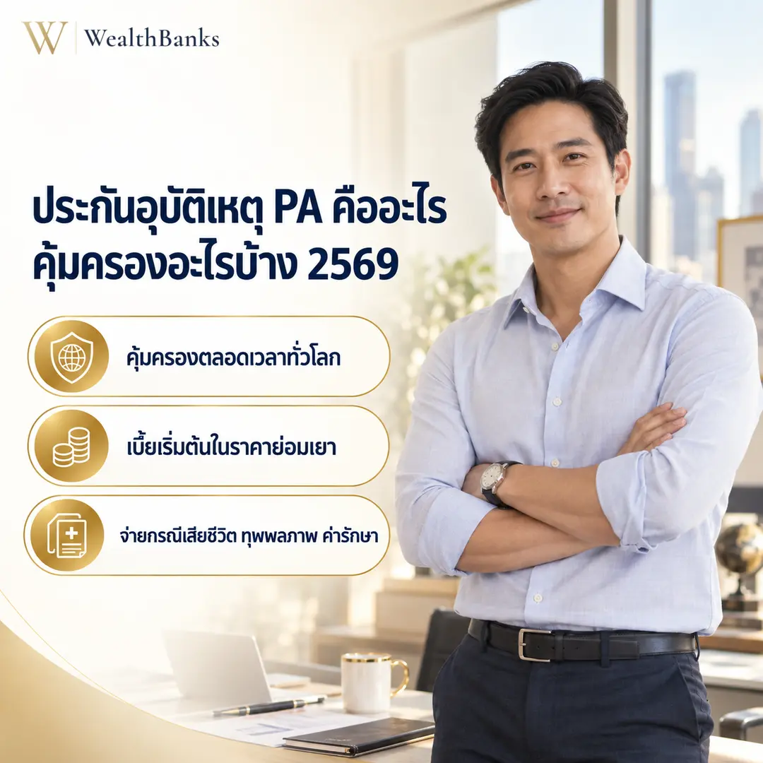 ชายไทยวัยทำงานยืนมั่นใจในออฟฟิศโทนสีสว่าง สวมเสื้อเชิ้ต มีแผนผังหรือเอกสารบนโต๊ะเบื้องหลัง แสงนุ่มนวล, กราฟิกแบรนด์ WealthBanks พร้อมหัวข้อและป้ายคีย์เวิร์ดประกันอุบัติเหตุ
