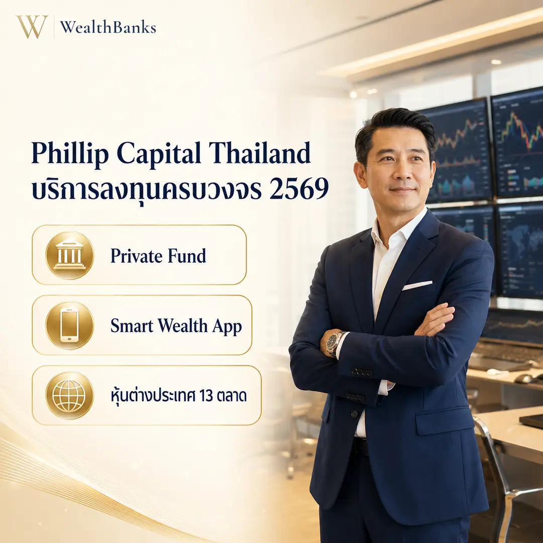 ชายไทยวัยทำงานยืนกี่อก มองมั่นใจมาที่กล้อง ในออฟฟิศมีจอแสดงกราฟเบื้องหลัง โทนสีสว่าง แสงนุ่มนวล ดูมีพลัง, กราฟิกแบรนด์ WealthBanks พร้อมหัวข้อและป้ายคีย์เวิร์ดลงทุน
