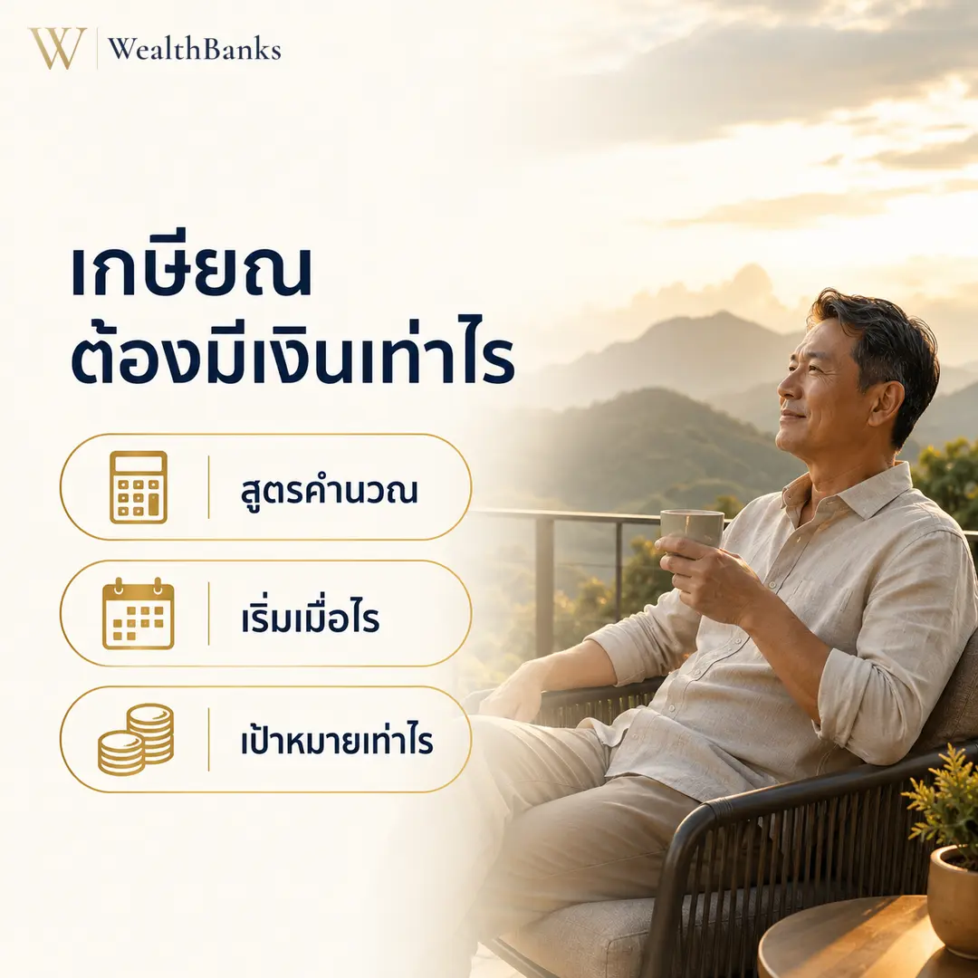 ชายไทยวัย 50 นั่งเก้าอี้ระเบียง จับแก้ว มองออกวิว ในระเบียงกลางแจ้งโทนสีสว่าง ผ่อนคลายอย่างสบายใจ ยิ้มมีความสุข, กราฟิกแบรนด์ WealthBanks พร้อมหัวข้อและป้ายคีย์เวิร์ดเกษียณ