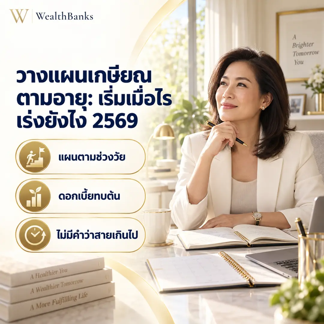 คนไทยหลายวัยยืนเรียงกันยิ้มมีความสุข จากวัยทำงานถึงวัยเกษียณ โทนสีสว่างอบอุ่น กราฟิกแบรนด์ WealthBanks พร้อมหัวข้อวางแผนเกษียณตามอายุ