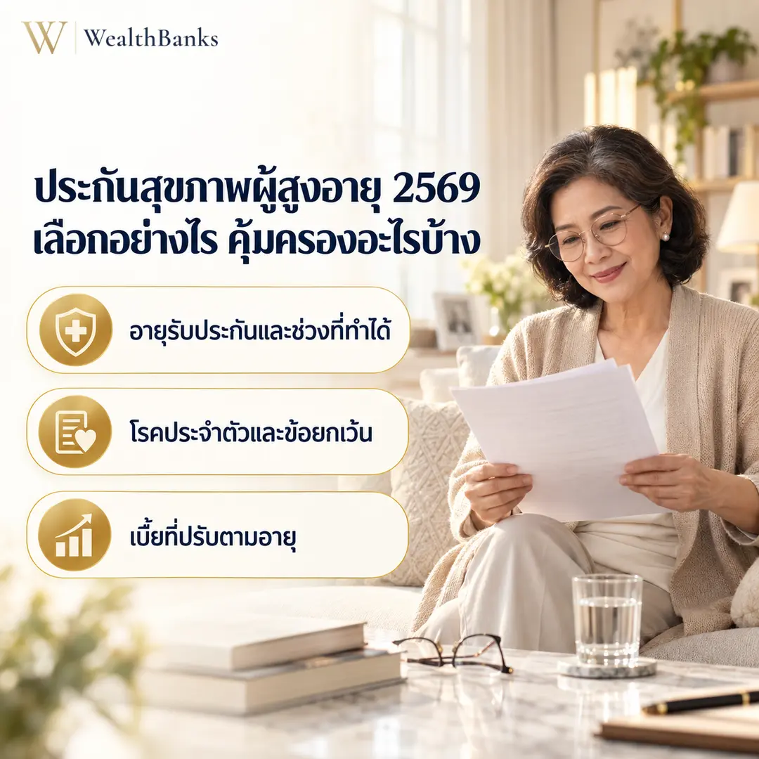 ผู้สูงอายุชาวไทยนั่งยิ้มอ่านเอกสารในห้องนั่งเล่นโทนสีสว่าง มีแก้วน้ำและแว่นตาบนโต๊ะ บรรยากาศอบอุ่น, กราฟิกแบรนด์ WealthBanks พร้อมหัวข้อและป้ายคีย์เวิร์ดประกันสุขภาพผู้สูงอายุ