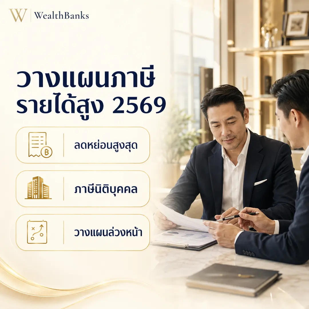 ชายไทยวัยทำงานสวมสูทสองคนนั่งโต๊ะ อภิปรายเอกสาร หนึ่งชี้ไปที่เอกสาร ในออฟฟิศโทนสีสว่าง แสงนุ่มนวล, กราฟิกแบรนด์ WealthBanks พร้อมหัวข้อและป้ายคีย์เวิร์ดลดหย่อนภาษี