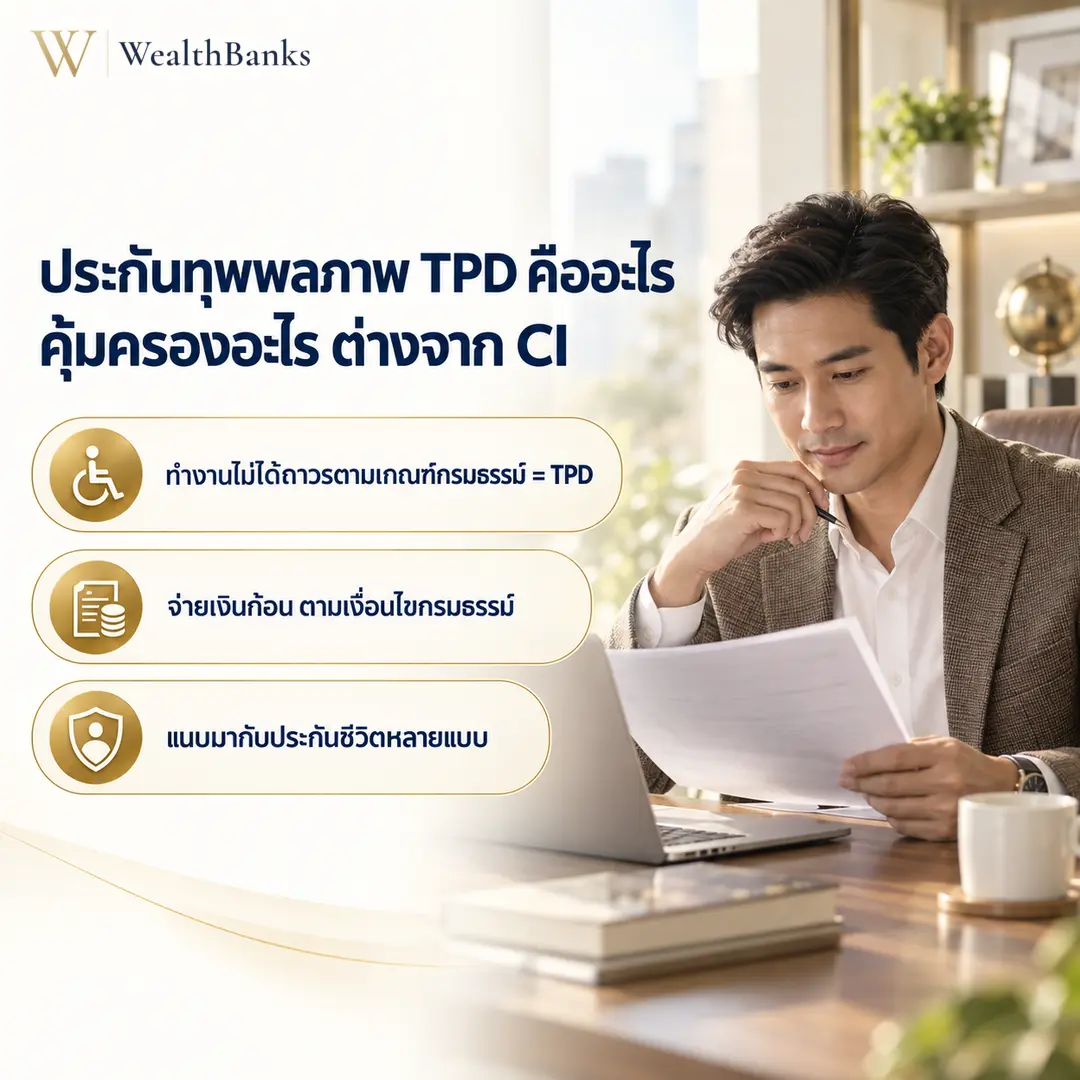ชายไทยวัยทำงานนั่งอ่านเอกสารบนโต๊ะทำงานในออฟฟิศโทนสีสว่าง มีแล็ปท็อปและแก้วกาแฟ บรรยากาศสงบจดจ่อ, กราฟิกแบรนด์ WealthBanks พร้อมหัวข้อและป้ายคีย์เวิร์ดประกันทุพพลภาพ